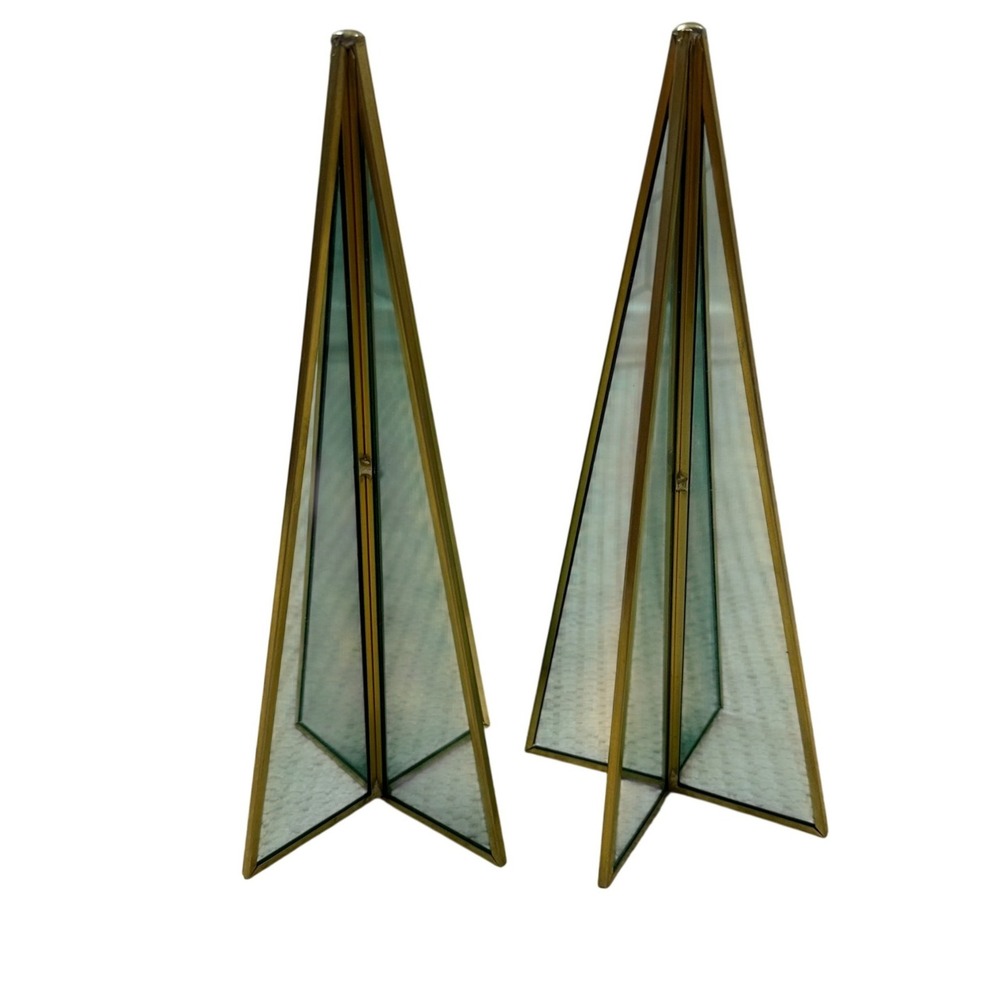 Vintage Brass and Green Glass Christmas Tree Figurines Set of 2 Geometric 8 Inch